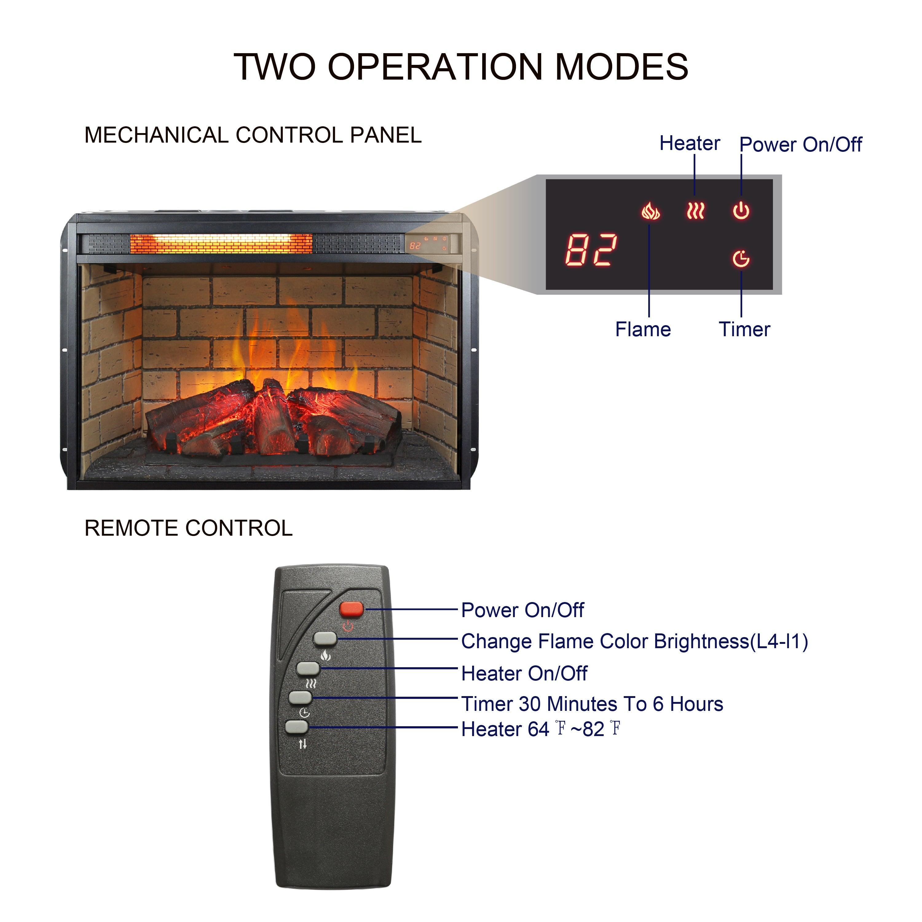 26 Inch Infrared Quartz Heater Fireplace Insert - Wood Log & Brick Design for Home, Office, and Patio Heating - Energy Efficient Indoor Electric Fireplace with Realistic Flame Effect