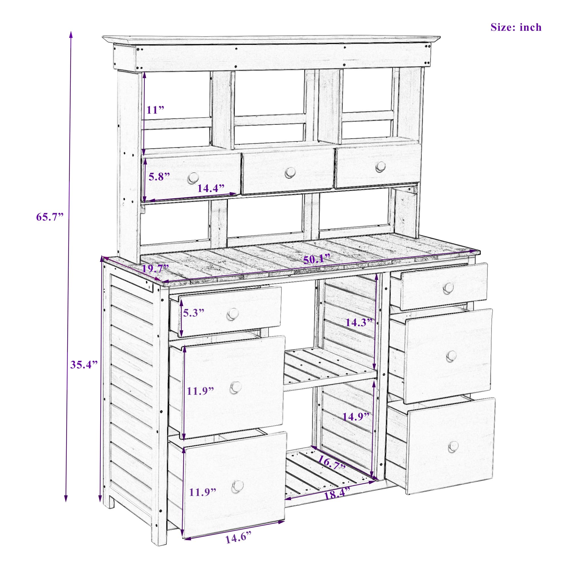 P PURLOVE Rustic Wood Potting Bench with Storage Drawers & Shelves - Outdoor Garden Work Table for Planting, Organizing Tools - Perfect for Backyard, Patio & Greenhouse Use
