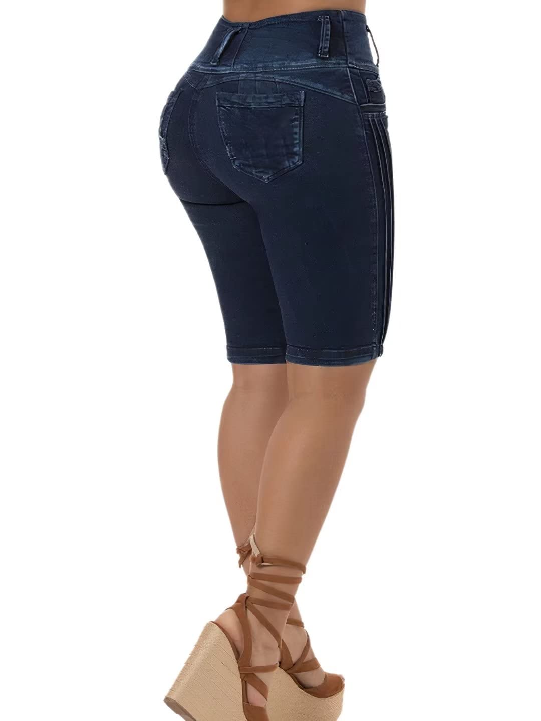 Flamingals Women's Denim Mid Waist Butt Lifting Bermuda Skinny Shorts - High Waisted Stretch Jeans for Curvy Fit | Perfect for Casual Outings, Summer Vacations & Night Out