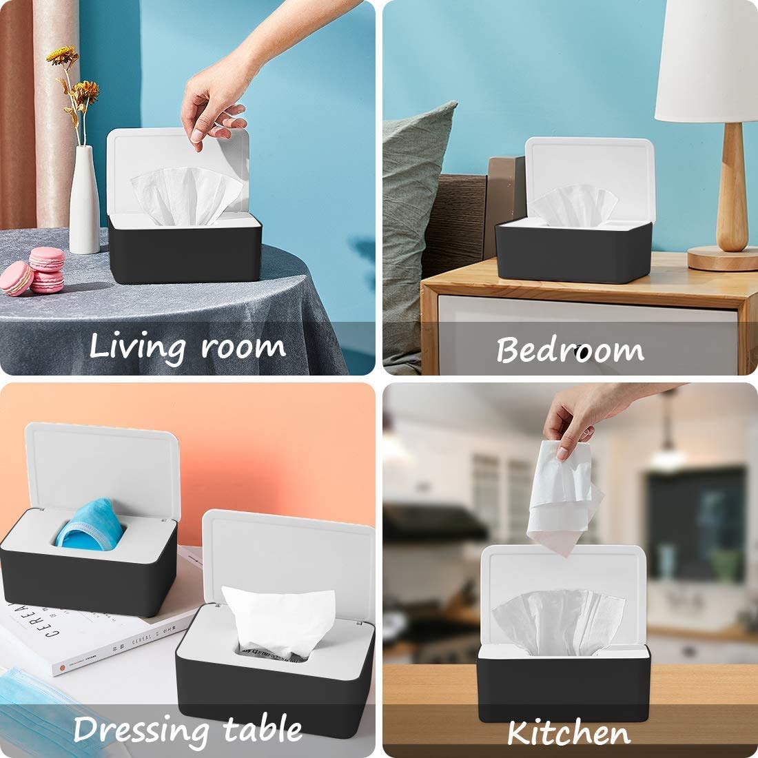 Brianer Wet Wipes Dispenser - Dustproof Tissue Storage Box with Lid for Home & Office Desk | Portable Dry/Wet Tissue Case Organizer | Perfect for Bathroom, Kitchen, Nursery & Travel (Black)