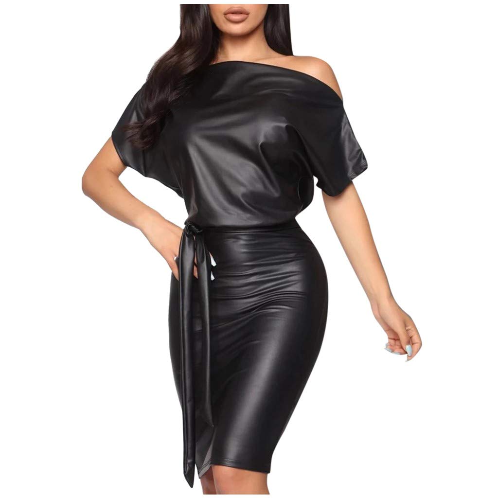 Bidobibo Women's Sexy Off-The-Shoulder Faux Leather Bodycon Dress - Short Sleeve Party Dress for Night Out, Clubwear & Special Occasions