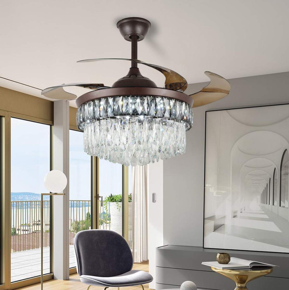 ONEKISS 43-Inch Crystal Ceiling Fan with Light & Remote Control - 3 Speed Settings, 3 Color Temperatures, Retractable Blades - LED Chandelier Fan for Living Room, Bedroom, Dining Room - Perfect for Home Decor & Air Circulation