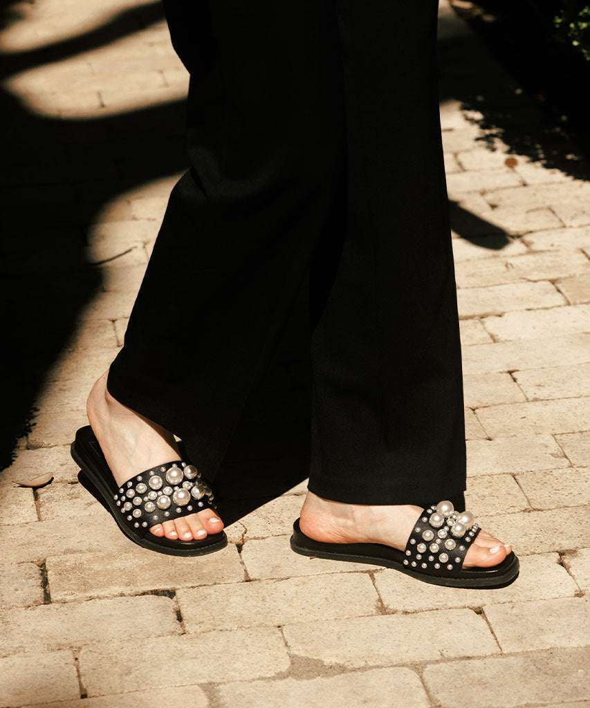 GABBI PEARL SANDALS for Women - Black Pearl Embellished Summer Beach Sandals | Comfortable Flip Flops for Vacation, Pool Party, and Casual Outings