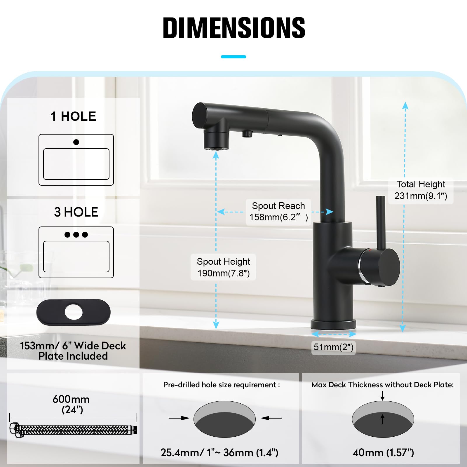 CREA Black Pull-Out Kitchen Sink Faucet with 360° Swivel & 4-Inch Deck Plate - Compact Prep Faucet for Small Kitchens, Bar Sinks, and RV Use