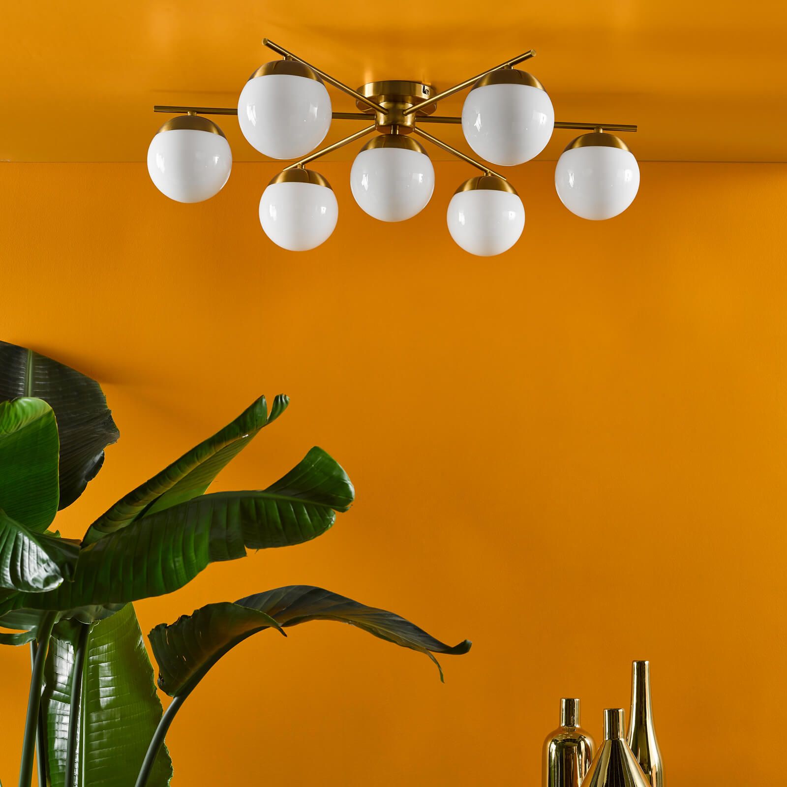Bombazine 7Lt Semi Flush Mount Ceiling Light - Natural Brass & White Opal Glass - Perfect for Bedroom, Dining Room, and Hallway Lighting