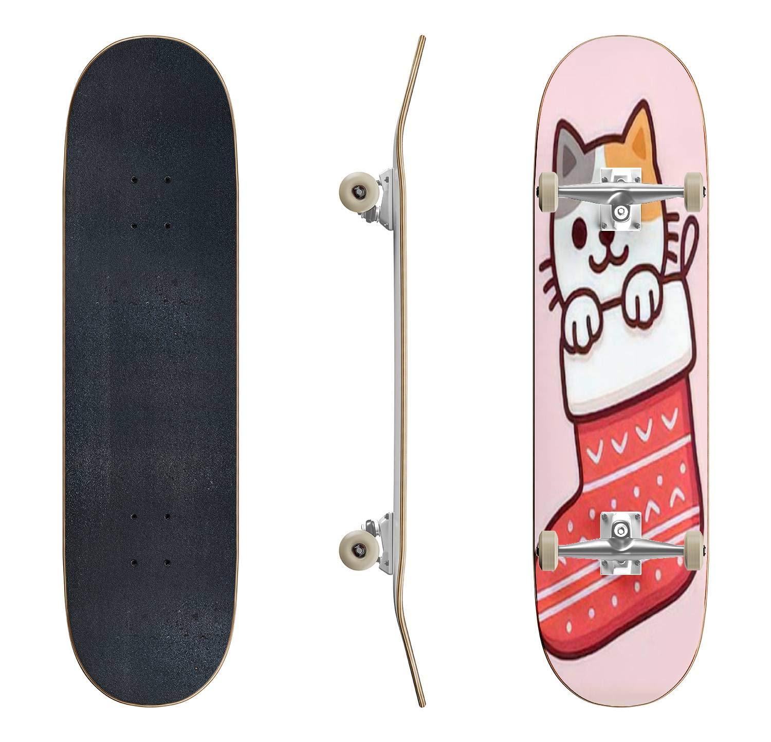 Cute Cartoon Cat Christmas Stocking Skateboard - Classic Concave Longboard for Beginners & Pros | Merry Christmas Gift for Teens, Extreme Sports Enthusiasts | Perfect for Skate Parks, Commuting & Holiday Gifting
