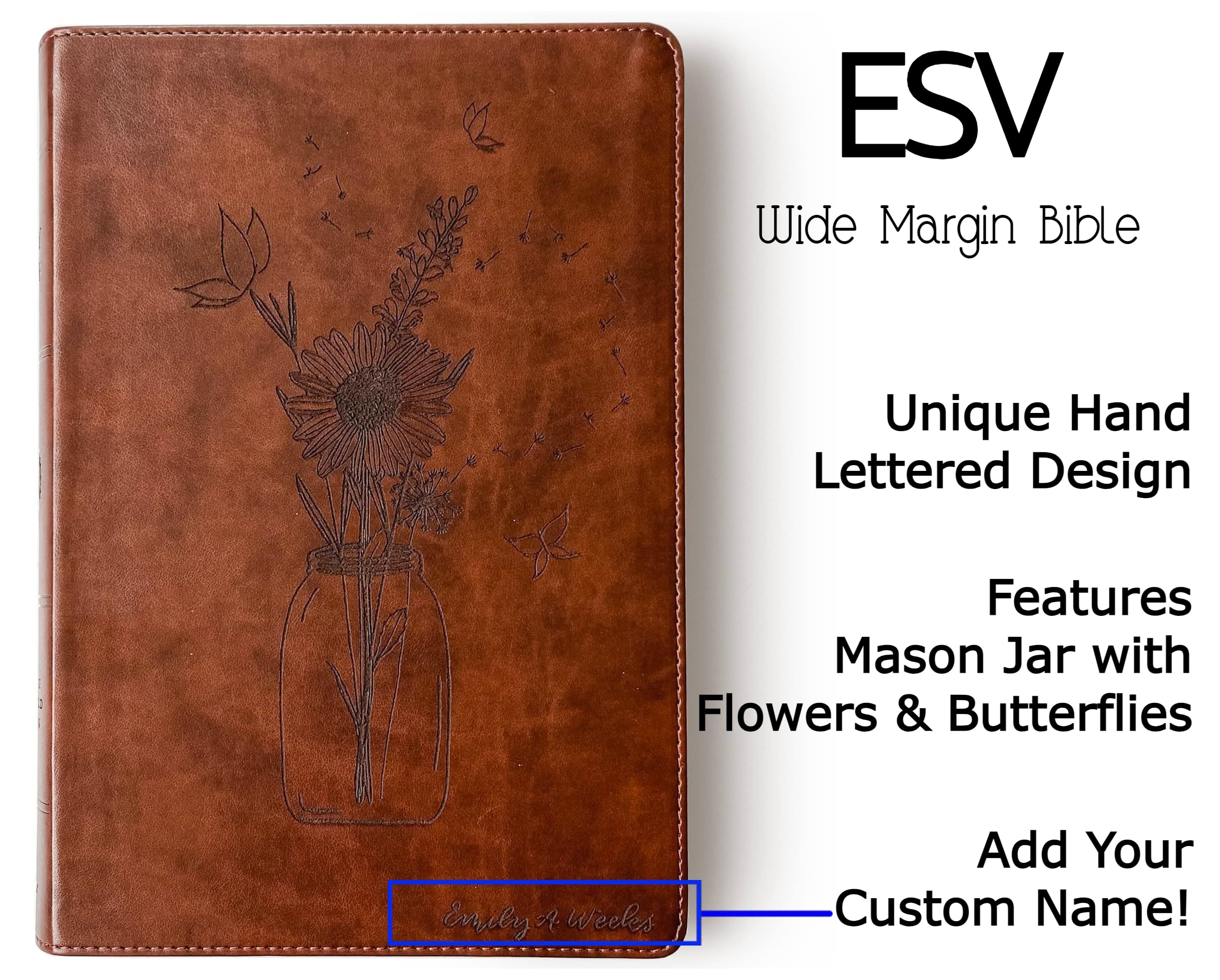 Hand Lettered & Laser Engraved ESV Wide Margin Red Letter Bible - Personalized Christian Gift with Custom Name Engraving | Perfect for Baptisms, Weddings & Bible Study