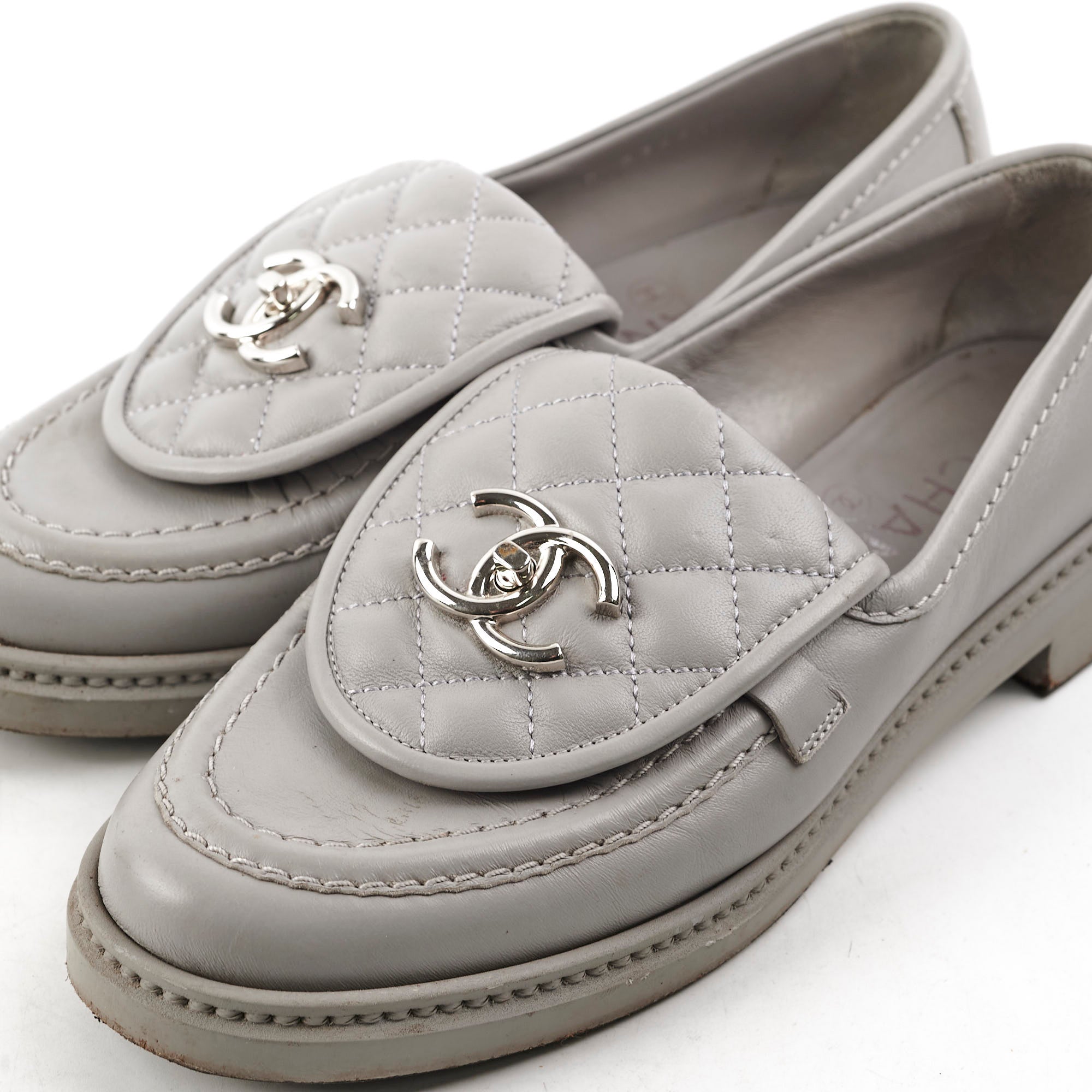Chanel Quilted Grey Leather Loafers Women's Size 36.5 - Luxury Comfortable Slip-On Shoes for Office, Travel & Casual Outings