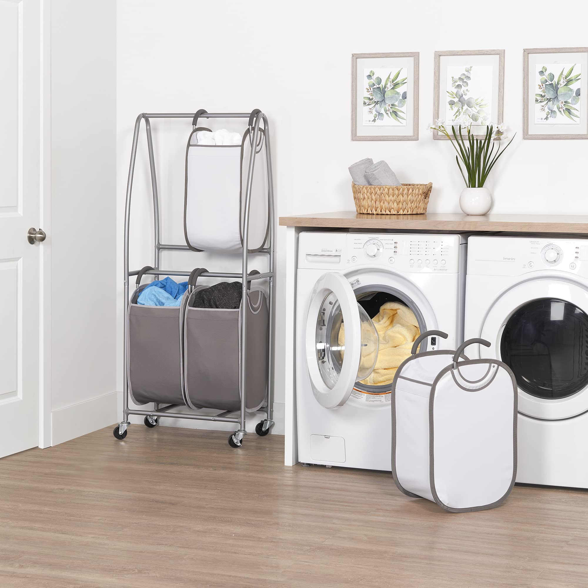NEATFREAK 2-Tier Vertical Rolling Laundry Cart with 4 Tote Hampers - Mobile Storage Organizer for Laundry, Towels, Blankets & Bathroom Essentials - Space-Saving Quad Laundry Sorter for Small Homes & Apartments