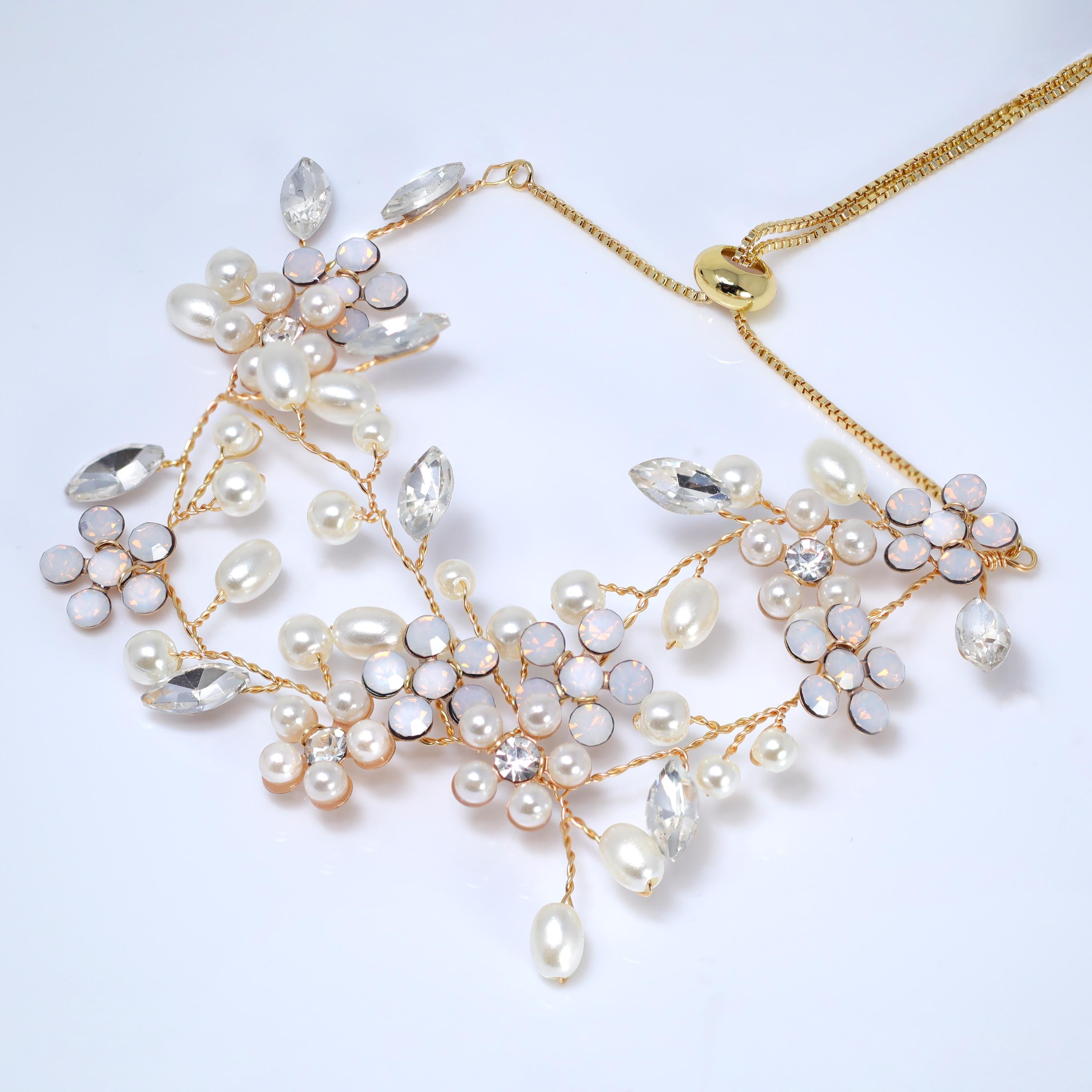Faux Pearl and Opal Flower Crystal Vine Leaf Bracelet - Elegant Statement Jewelry for Women, Custom Opal Gift for Her | Perfect for Weddings, Parties & Special Occasions