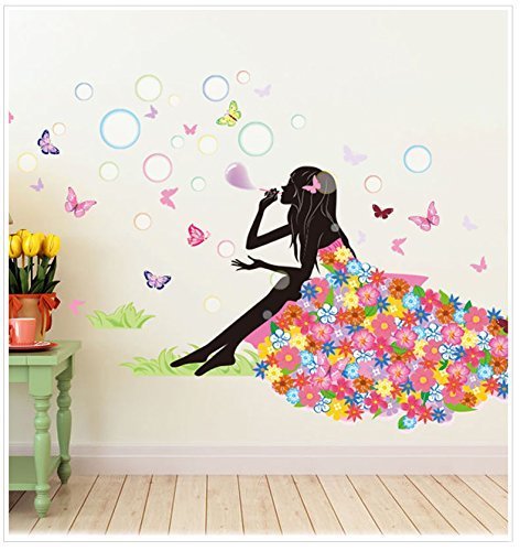Butterfly Wall Decals for Girls Room - 52x35 Inch Flower Fairy Princess DIY Bedroom Stickers, Blowing Bubbles & Dresses Design - Perfect for Nursery, Kids Bedroom Decor & Birthday Party Backdrop