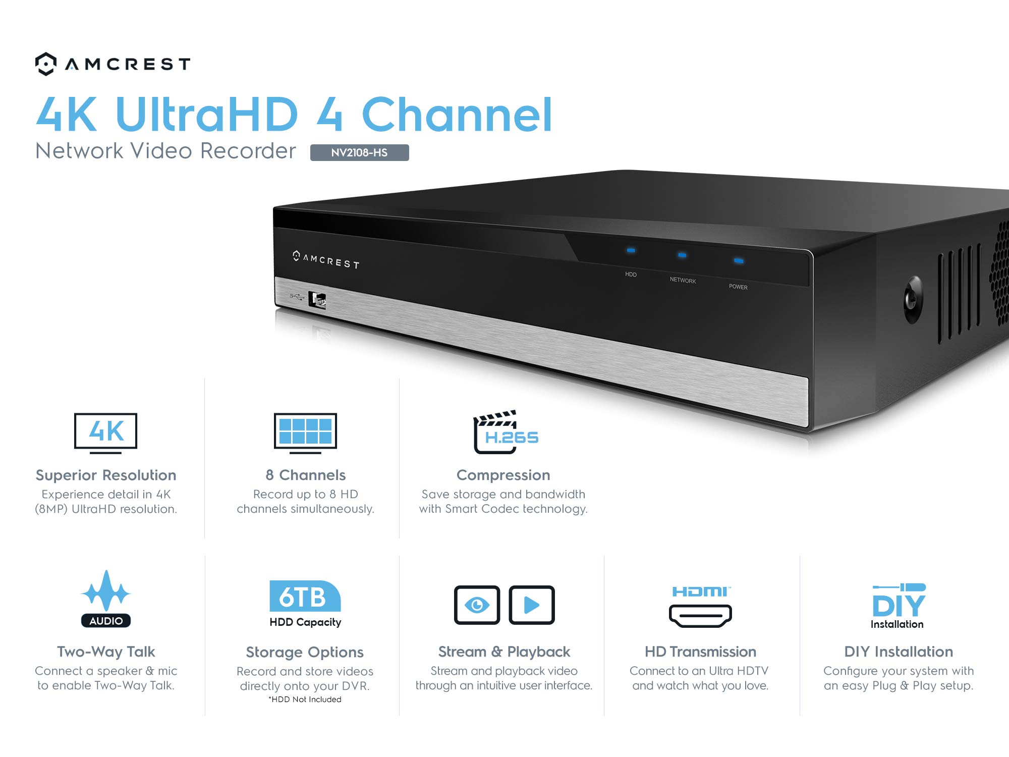 Amcrest NV2108-HS 8-Channel 4K Network Video Recorder with 2TB HDD - Supports 8 x 4K IP Cameras, 1080P/3MP/4MP/5MP/6MP Resolution - Ideal for Home Security, Business Surveillance & Office Monitoring (No WiFi) NV2108-2TB