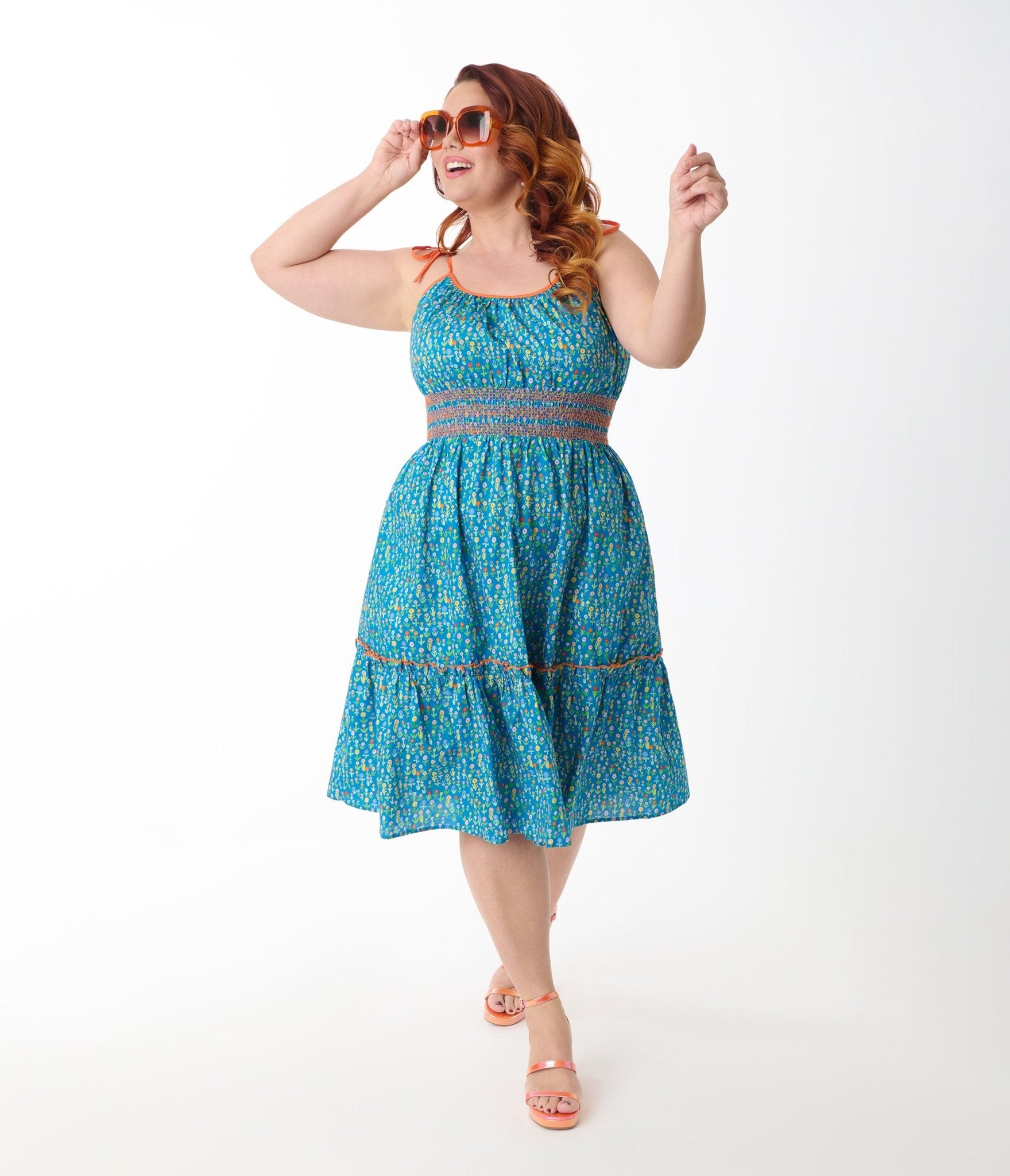 Smak Parlour Plus Size Blue Ditsy Floral Tiered Cotton Flare Dress for Women - Casual Summer Boho Maxi Dress for Beach, Vacation & Outdoor Parties