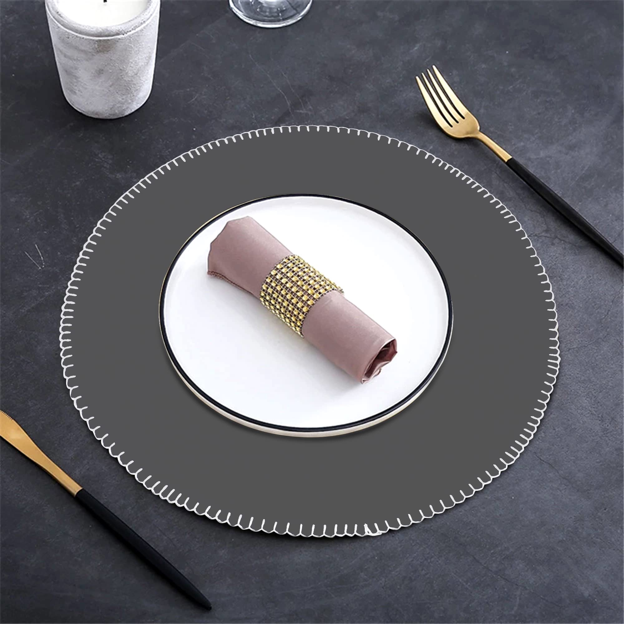 Urban Villa Embroidered Round Placemats - Set of 6 Oversized 16