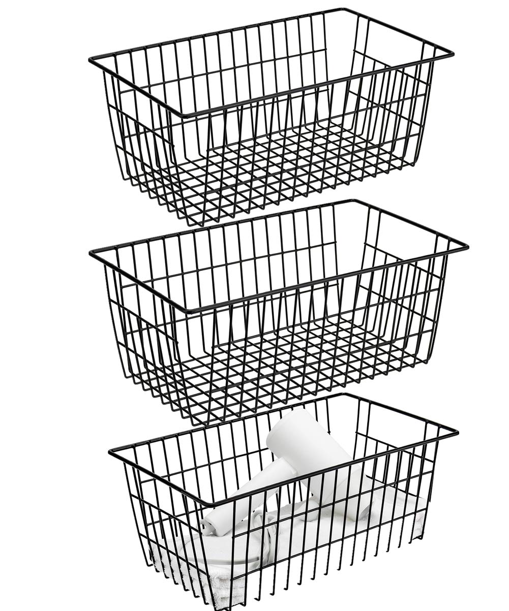 BlitzLabs 3-Pack Black Metal Wire Storage Baskets - Farmhouse Style Organizer Bins for Kitchen Cabinets, Pantry, Freezer, Bathroom & Closet Organization - Perfect for Home, Office & Laundry Room Storage Solutions