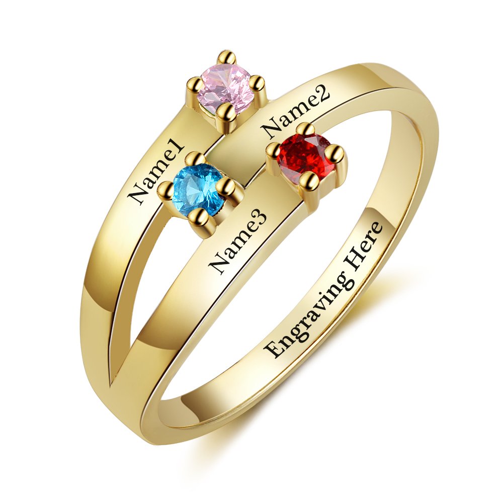 Personalized Women's Rings with 3 Simulated Birthstones & Engraved Names - Custom Mother's Rings, Promise Rings for Her | Perfect Gift for Anniversary, Birthday, Mother's Day & Valentine's Day