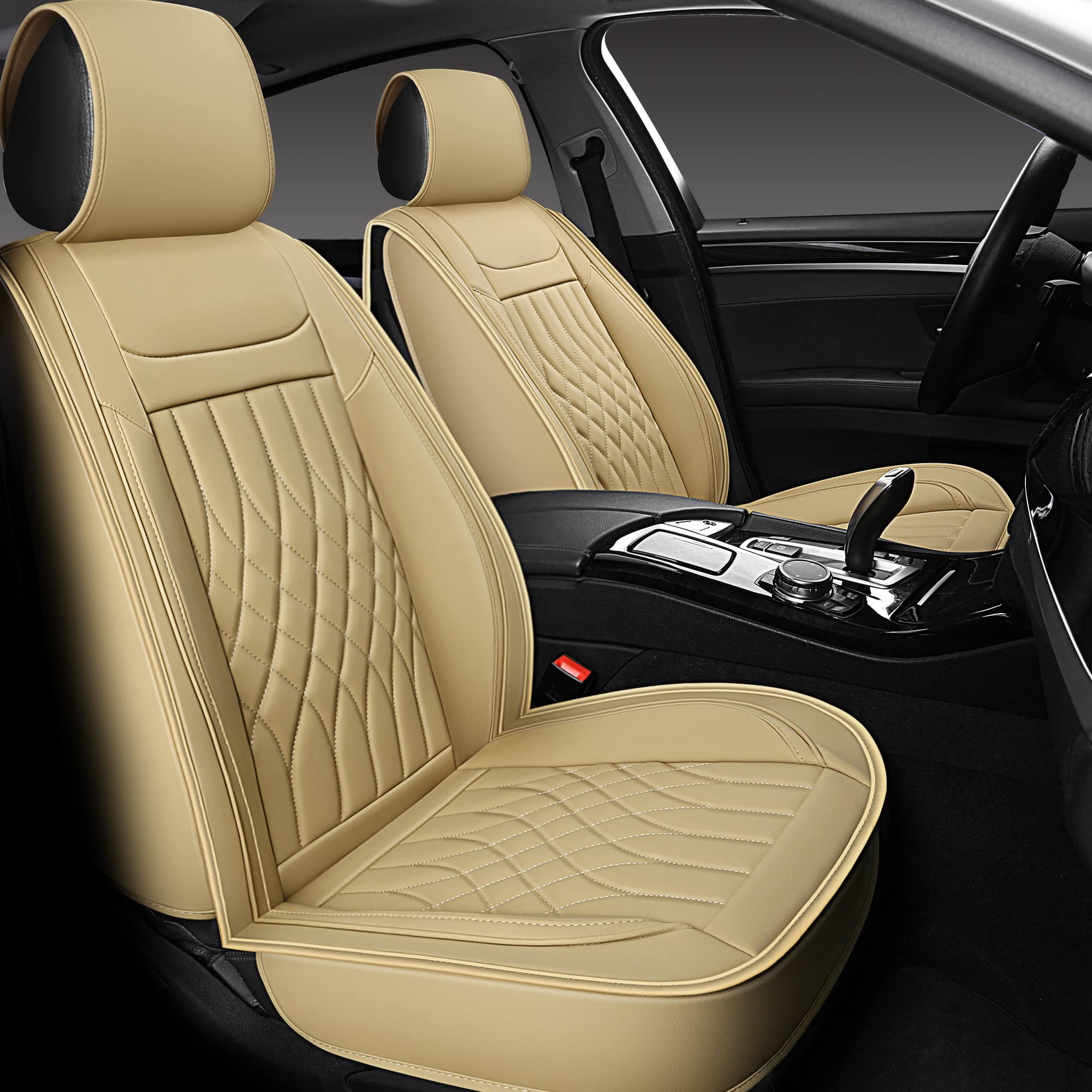Premium Sanwom Leather Car Seat Covers (2-Piece Set) - Universal Waterproof Front Seat Protectors for Sedans, SUVs & Pickup Trucks | Beige Color | Perfect for Daily Commute, Road Trips & Pet-Friendly Vehicles
