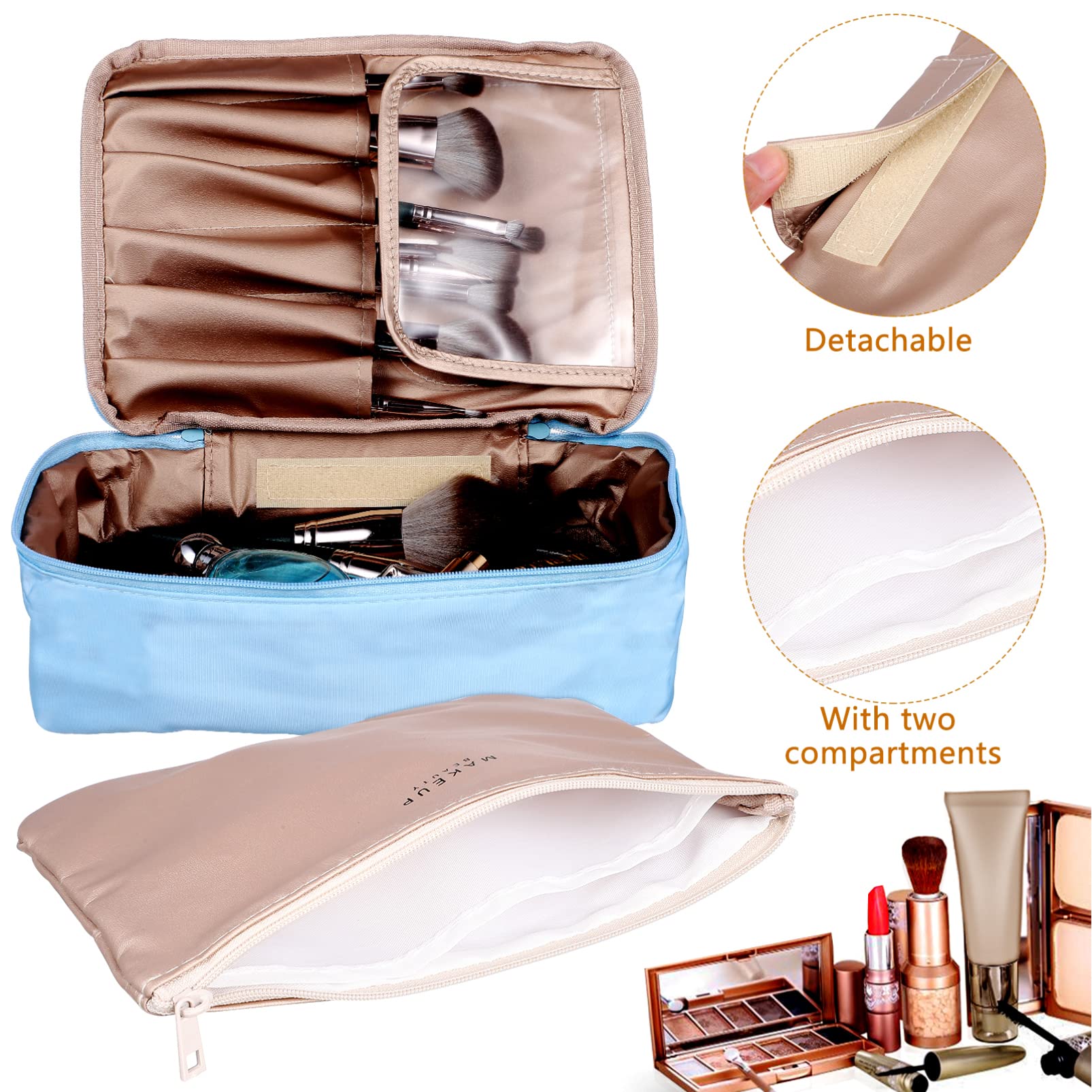 VALICLUD 2-Piece Waterproof Travel Makeup Bag Organizer Set for Women - Large Cosmetic & Toiletry Bags with Multiple Compartments & Zipper Closure - Perfect for Vacation, Gym, Business Trips and Daily Use