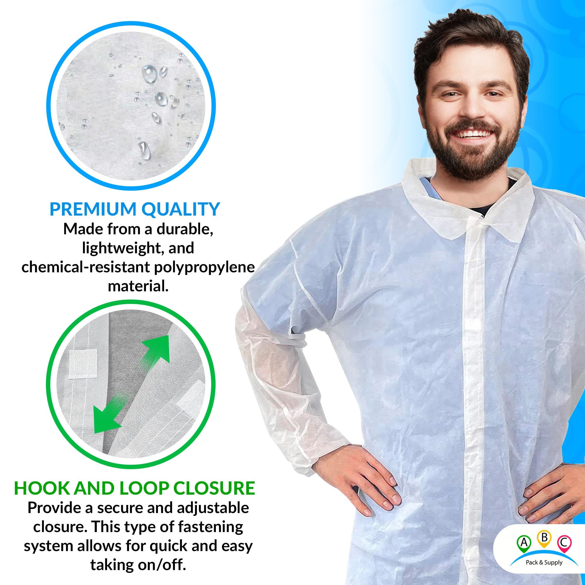 ABC White Disposable Lab Coats for Adults - XL (50 Pack) | Polypropylene Medical & Painting Protective Coat | 44
