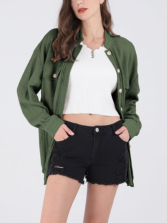 UTCoco Women's Casual Waffle Knit Shacket Jacket - Loose Fit Long Sleeve Button Down Shirt Top for Fall & Winter | Cozy Layering Piece for Work, Travel and Weekend Outfits