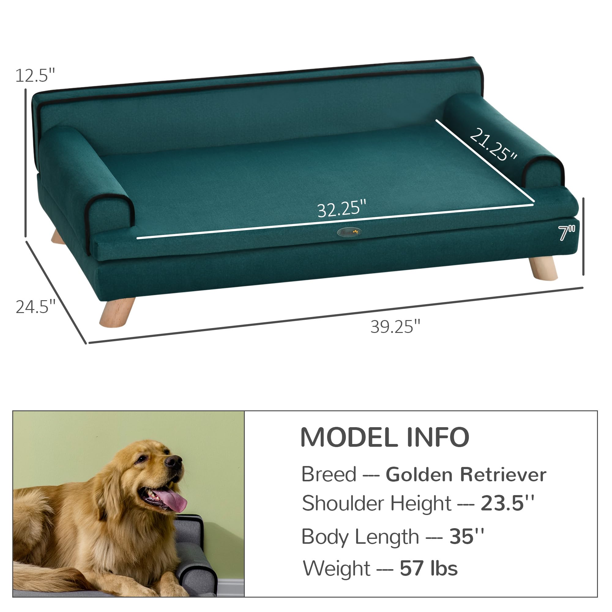 PawHut Large Dog Sofa Bed with Washable Cover & Wooden Legs - Elevated Foam Pet Couch for Medium & Large Dogs - Teal Color - Perfect for Living Room, Bedroom & Pet-Friendly Spaces
