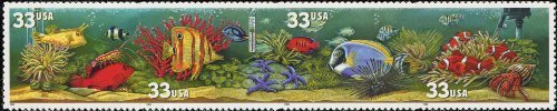 USPS Postage Stamps - Strip of 4 x 33 Cents - Aquarium Fish Collection: Clownfish, Sea Urchin, Starfish, Angelfish (#3320B) - Perfect for Collectors, Scrapbooking & Marine Life Enthusiasts