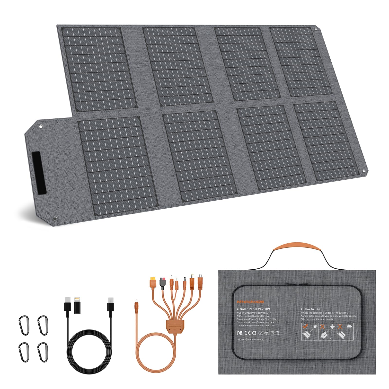 80W Foldable Solar Panel - Portable Solar Charger with 4 Ports (DC/USB-C/2xUSB-A) & 7-in-1 Connector, Waterproof & 23% High Efficiency - Ideal for Camping, RV Trips, Outdoor Adventures - Compatible with Power Stations, Phones, Tablets & Laptops