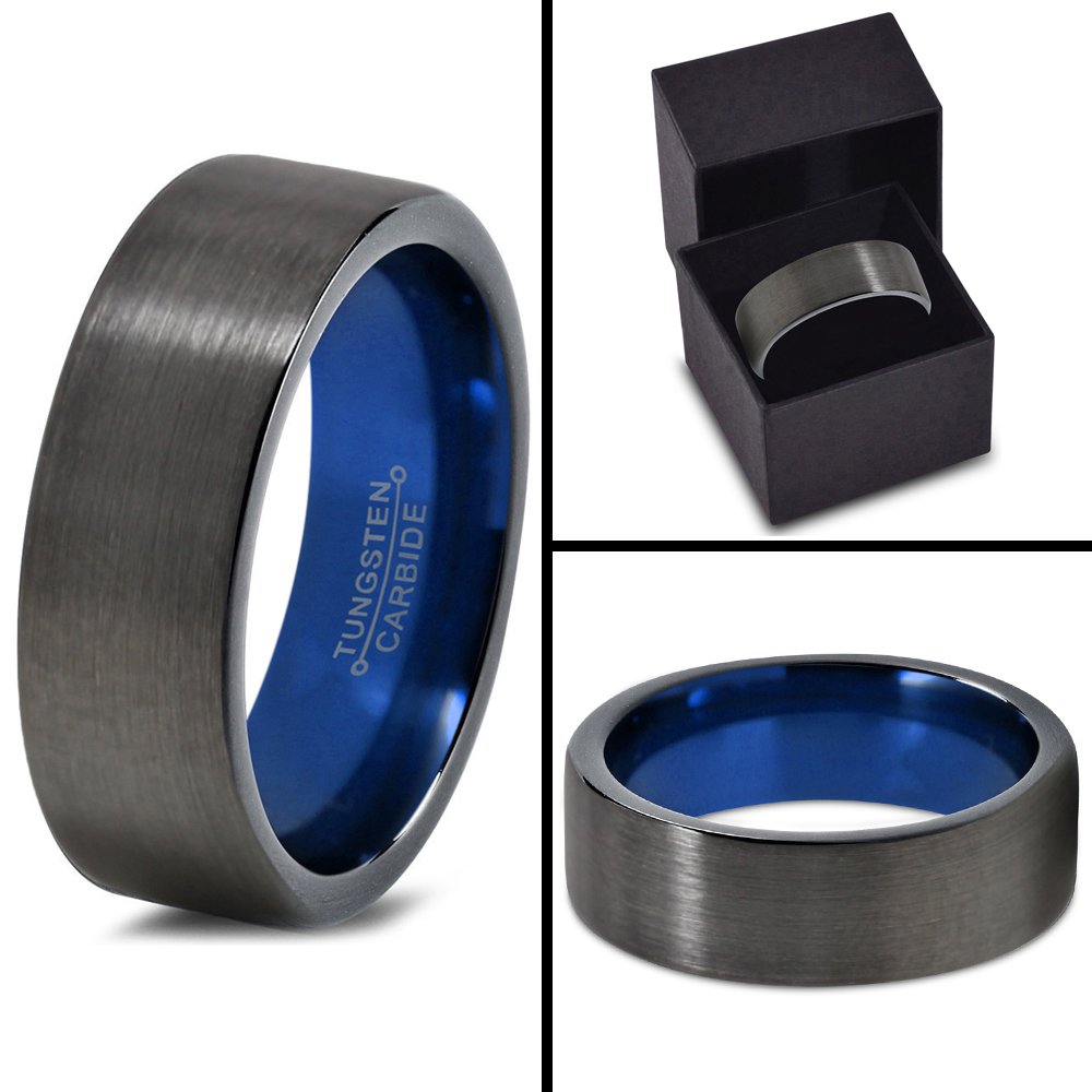Premium Tungsten Carbide Wedding Band Ring - 10mm Width for Men & Women - Blue Black Gunmetal Finish with Flat Cut Brushed Polish - Custom Engraved Anniversary & Engagement Ring - Perfect for Weddings, Proposals & Special Occasions