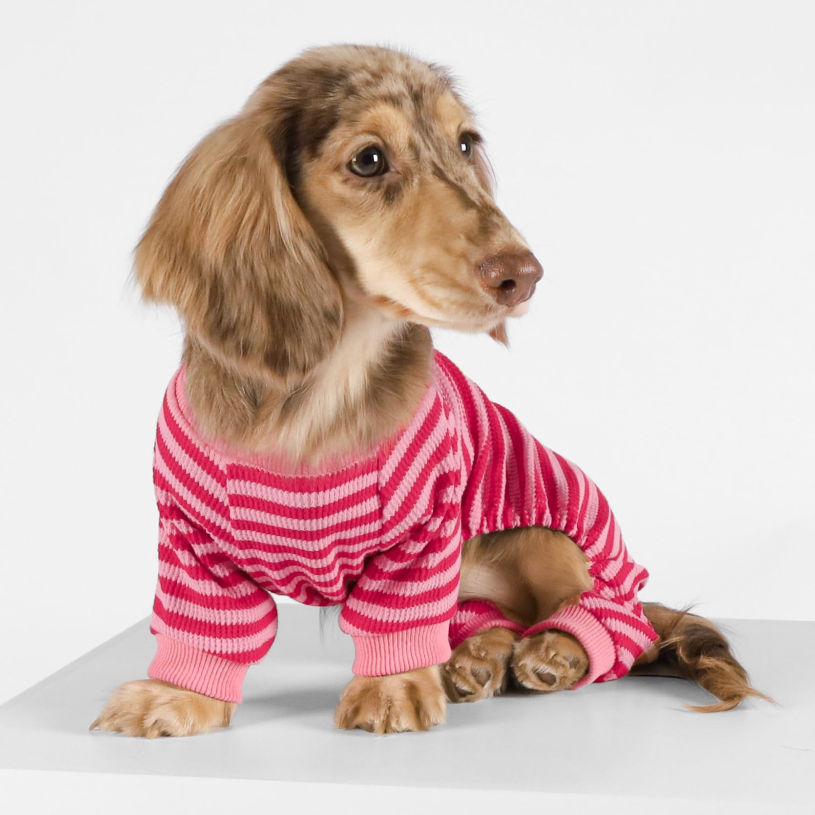 Fitwarm Pink & Red Striped Dog Pajamas - Waffle Knit Pet Onesie with Feet for Small Dogs & Cats (XS) - Cozy Winter Sleepwear for Puppies & Kittens