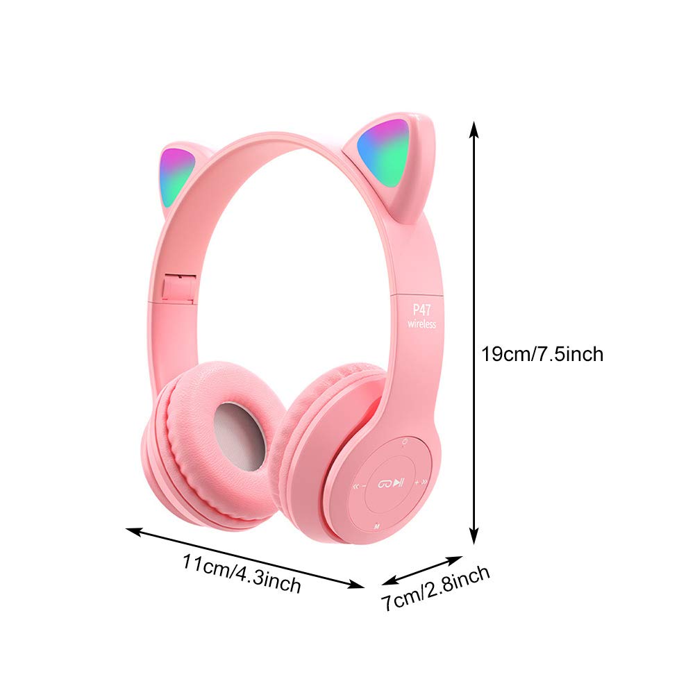 LED Cat Ear Bluetooth 5.0 Wireless Headphones for Kids & Adults - Foldable Gaming Headset with Built-in Mic, Noise Cancelling Over-Ear Design (Pink) - Perfect for Gaming, Online Classes & Music Listening