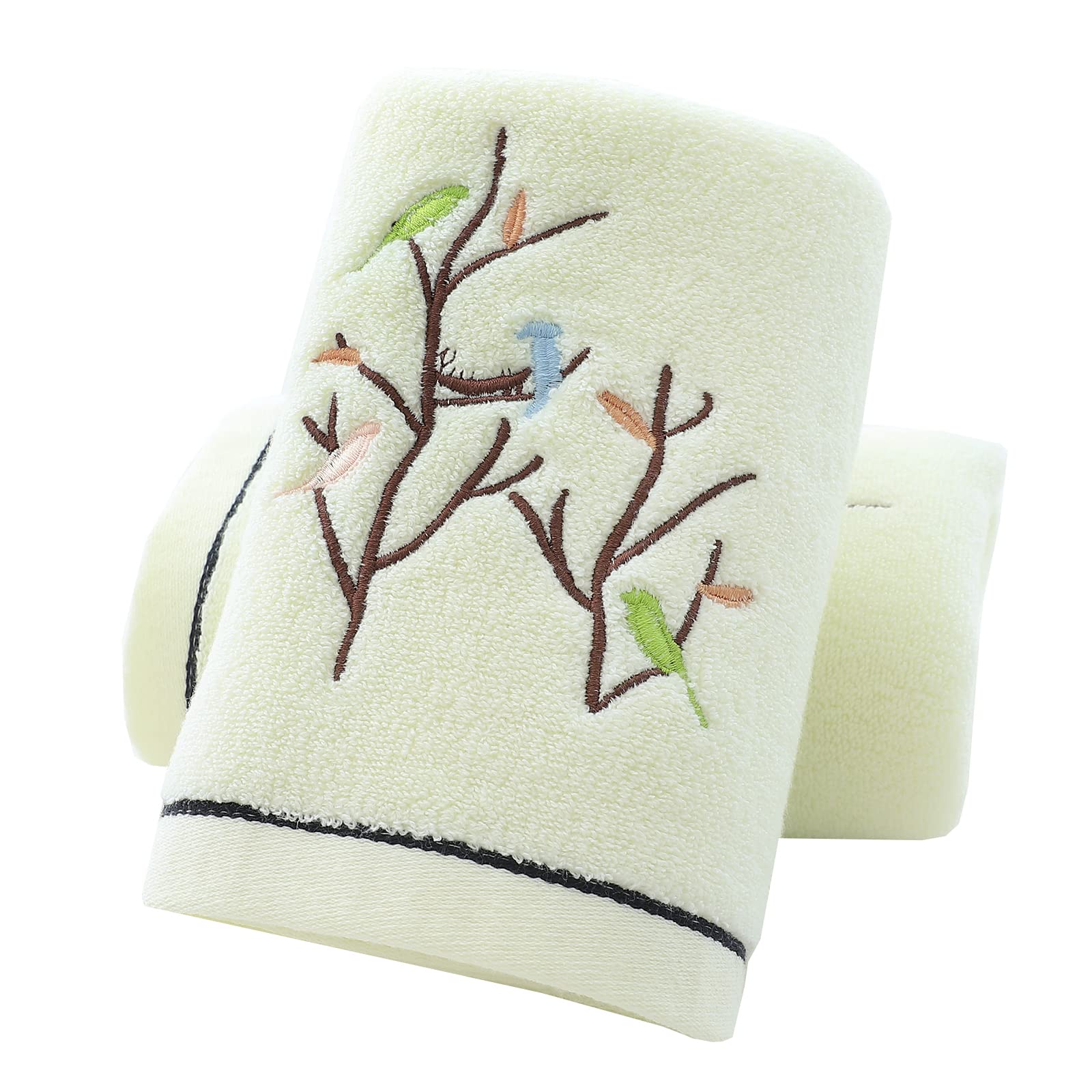 Premium 100% Cotton Embroidered Hand Towels Set of 2 - Soft Absorbent Bath Towels with Elegant Bird & Tree Design for Bathroom, Kitchen & Guest Use (Light Yellow) - Perfect as Housewarming Gift & Home Decor