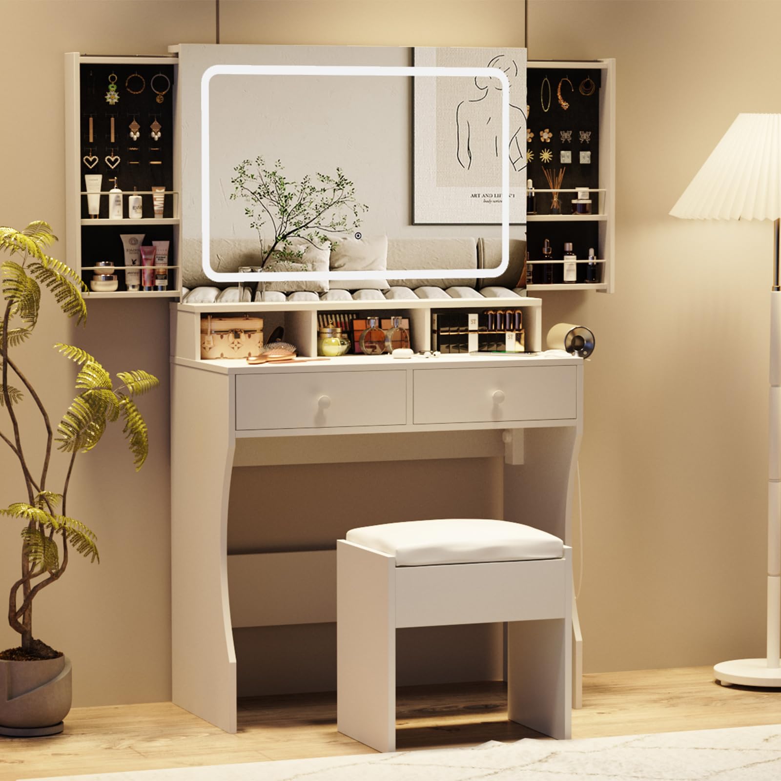 White Vanity Desk with Mirror & LED Lights - Makeup Dressing Table with Charging Station, Sliding Jewelry Storage & 3 Lighting Modes - Includes Stool & 2 Large Drawers - Perfect for Women & Girls Bedroom, Makeup Room or Dressing Area