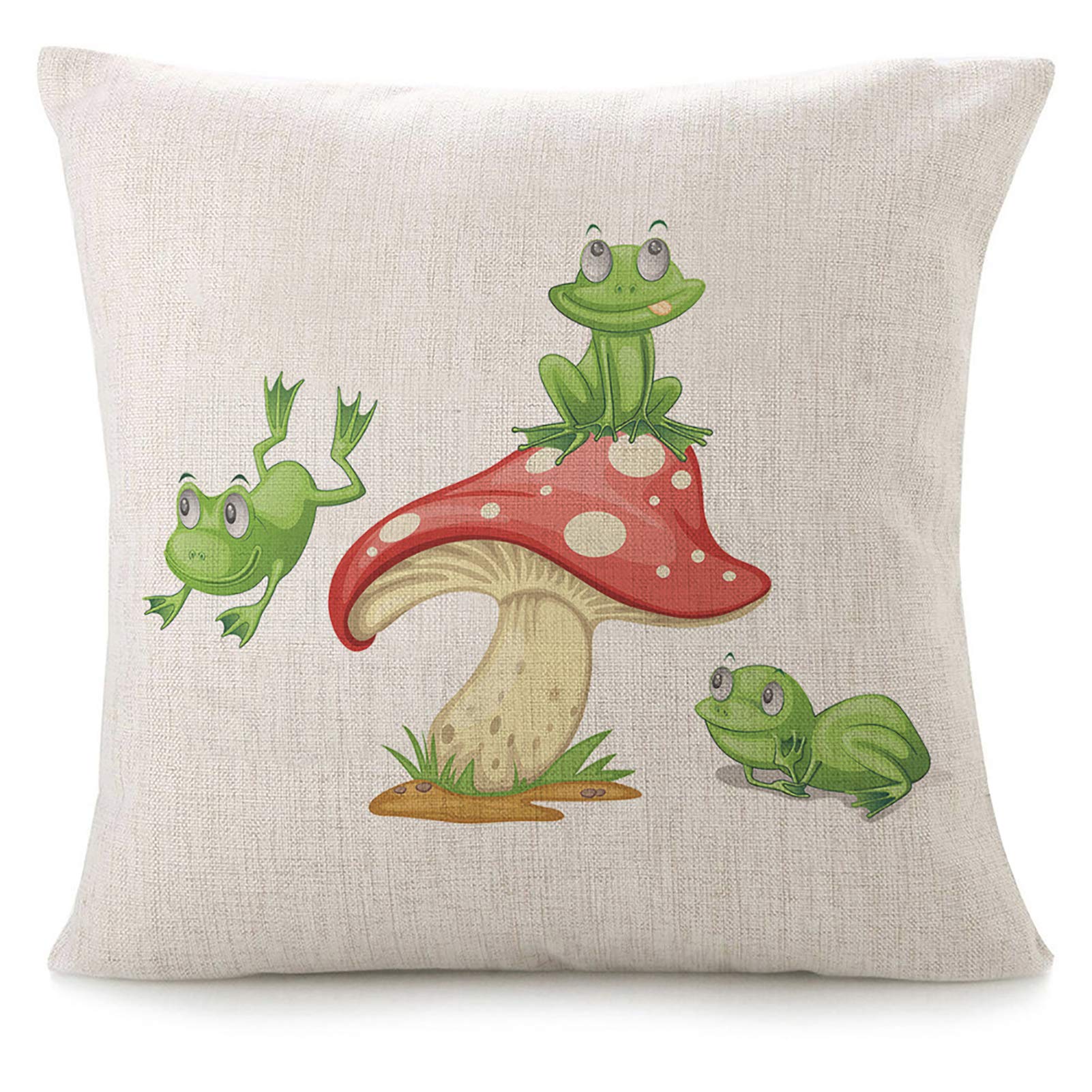 3 Frogs on Mushroom Throw Pillow Covers 18x18 Inch - Cute Cartoon Leap Frog Decorative Square Linen Cushion Covers for Sofa, Bed, Couch - Green & Red Spots Amphibian Animal Design - Perfect for Living Room, Nursery, or Kids Room Decor