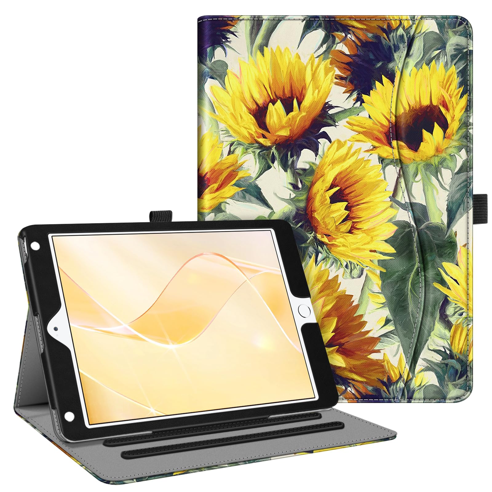Fintie Protective Case for iPad 6th/5th Generation (2018/2017 Model) & iPad Air 2/Air 1 (9.7 Inch) - Multi-Angle Stand Cover with Corner Protection & Storage Pocket, Sunflower Design - Perfect for Work, School & Travel