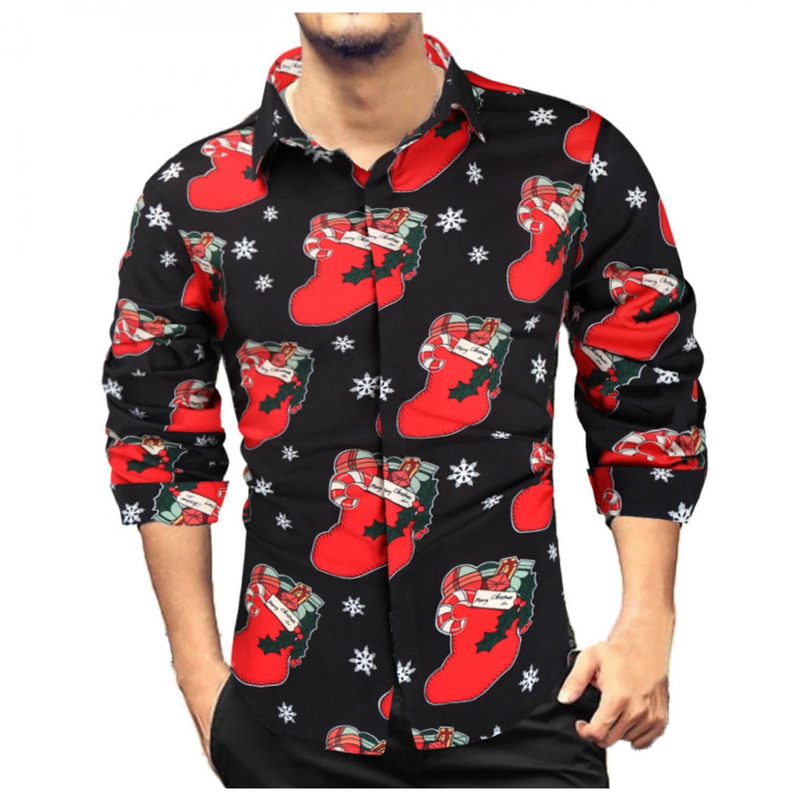 Funny Christmas Shirts for Men - Reindeer Print Long Sleeve Button Down Casual Shirts for Holiday Parties & Family Gatherings