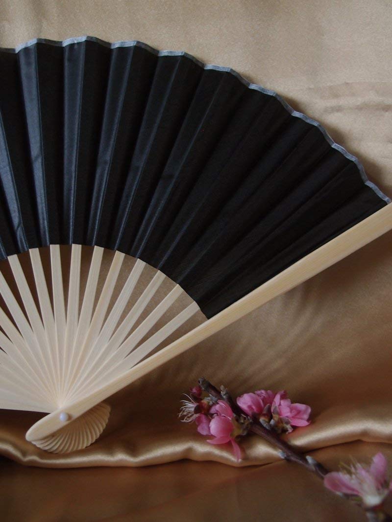 Quasimoon 9 Inch Black Silk Hand Fans - Elegant Wedding Favors (10 Pack) | Perfect for Bridal Showers, Asian Weddings & Cultural Events