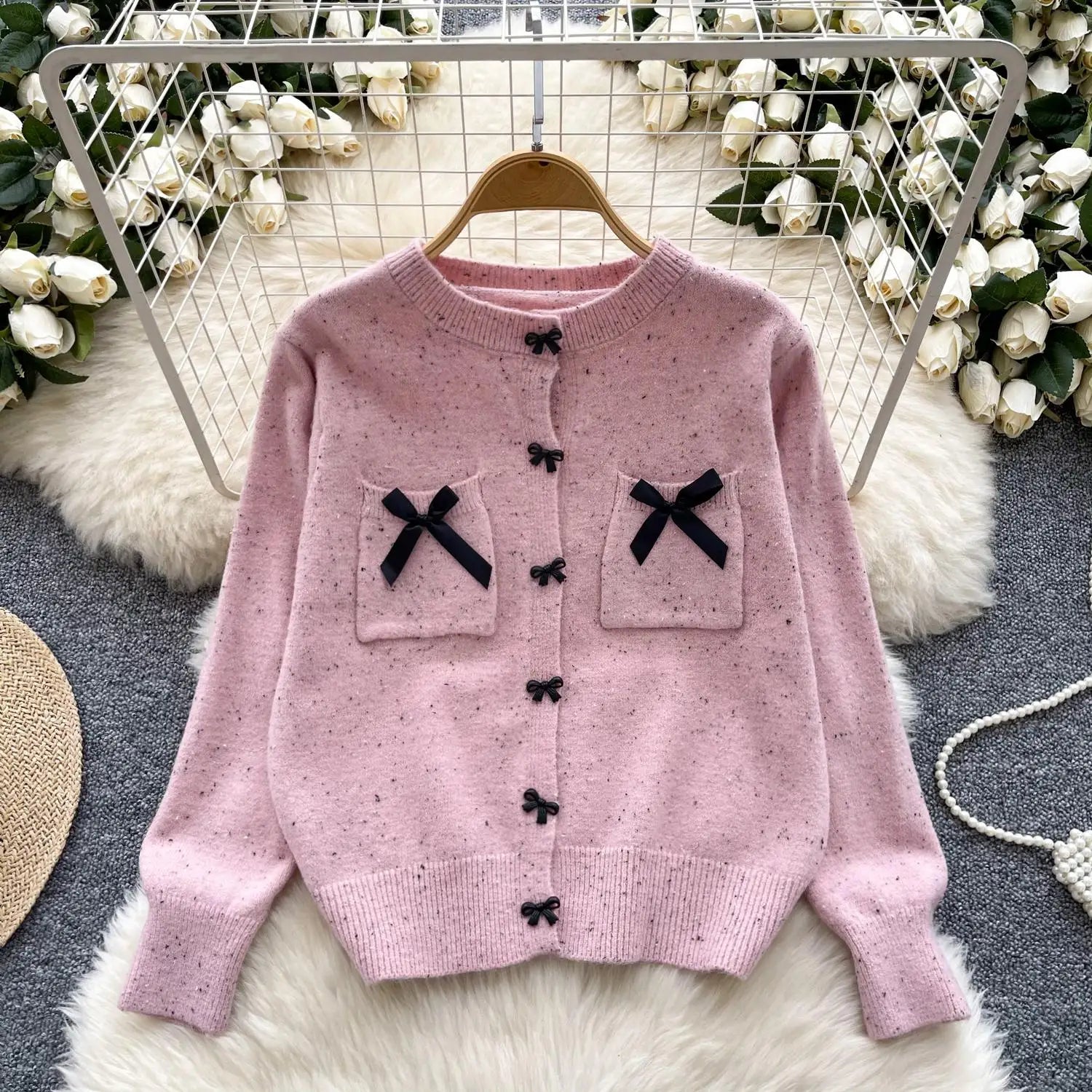 2024 Trendy Women's Vintage Red Pink Knit Sweater - Elegant Round Neck Long Sleeve Bow Detail Winter Top | Perfect for Office, Dating & Holiday Outfits