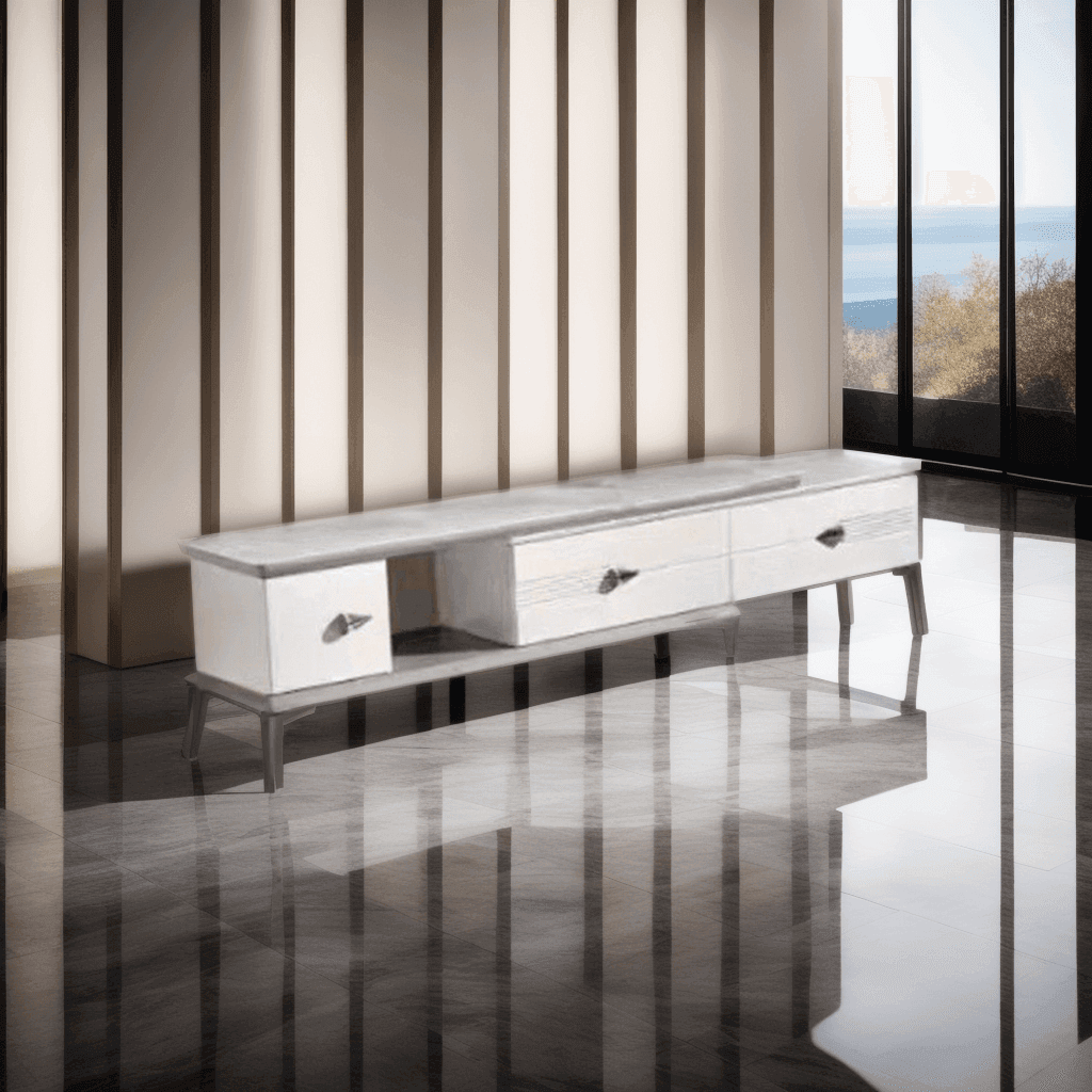 Etta Extendable TV Stand with Glossy White Jade Stone Top - Modern Entertainment Center for Living Room, Bedroom & Home Theater Setup