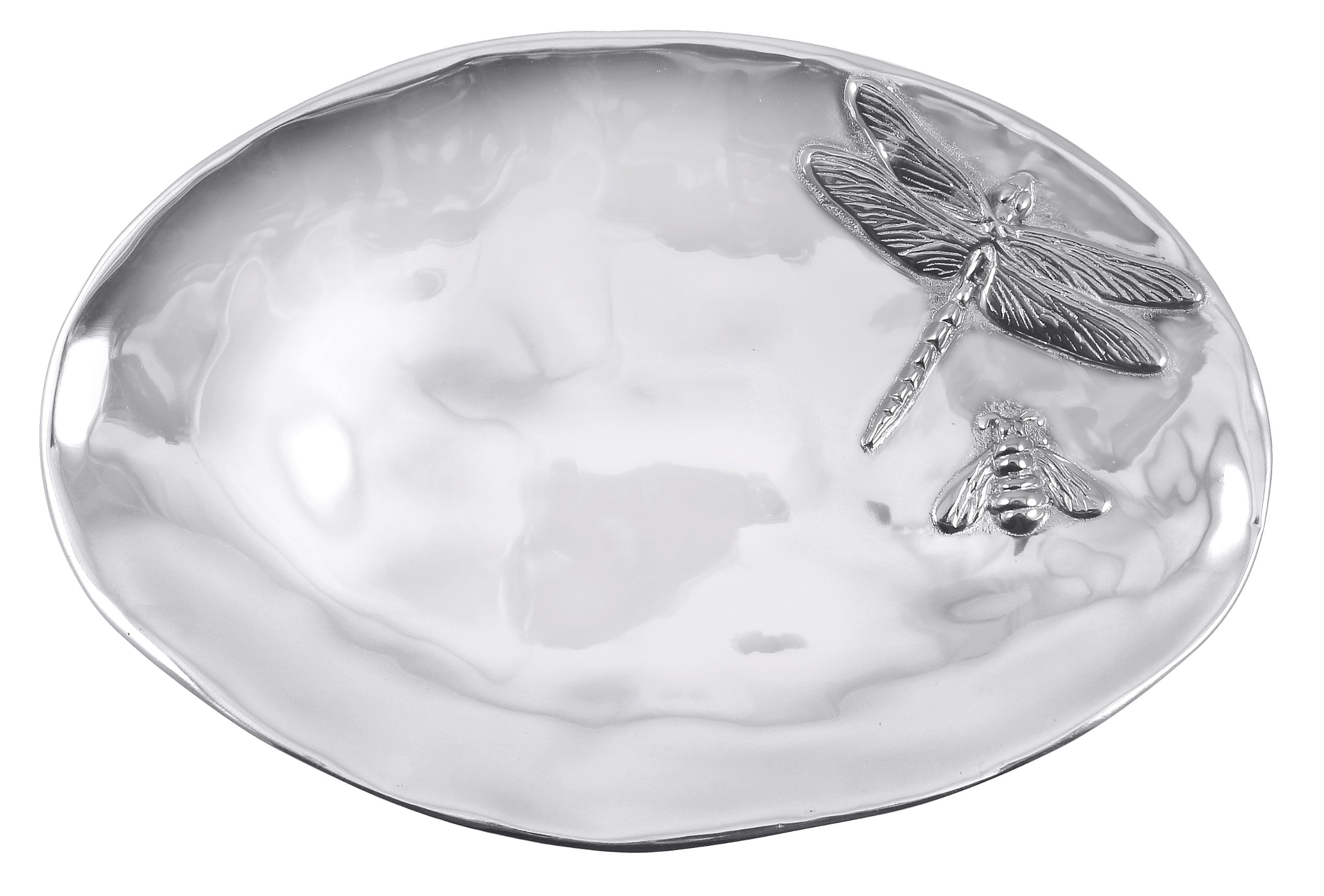 Handmade Recycled Sandcast Aluminum Mariposa Dragonfly & Bee Oval Serving Tray - Silver Brillante Finish | Unique Mexican Artisan Gift for Entertaining, Kitchen Decor & Wedding Servingware