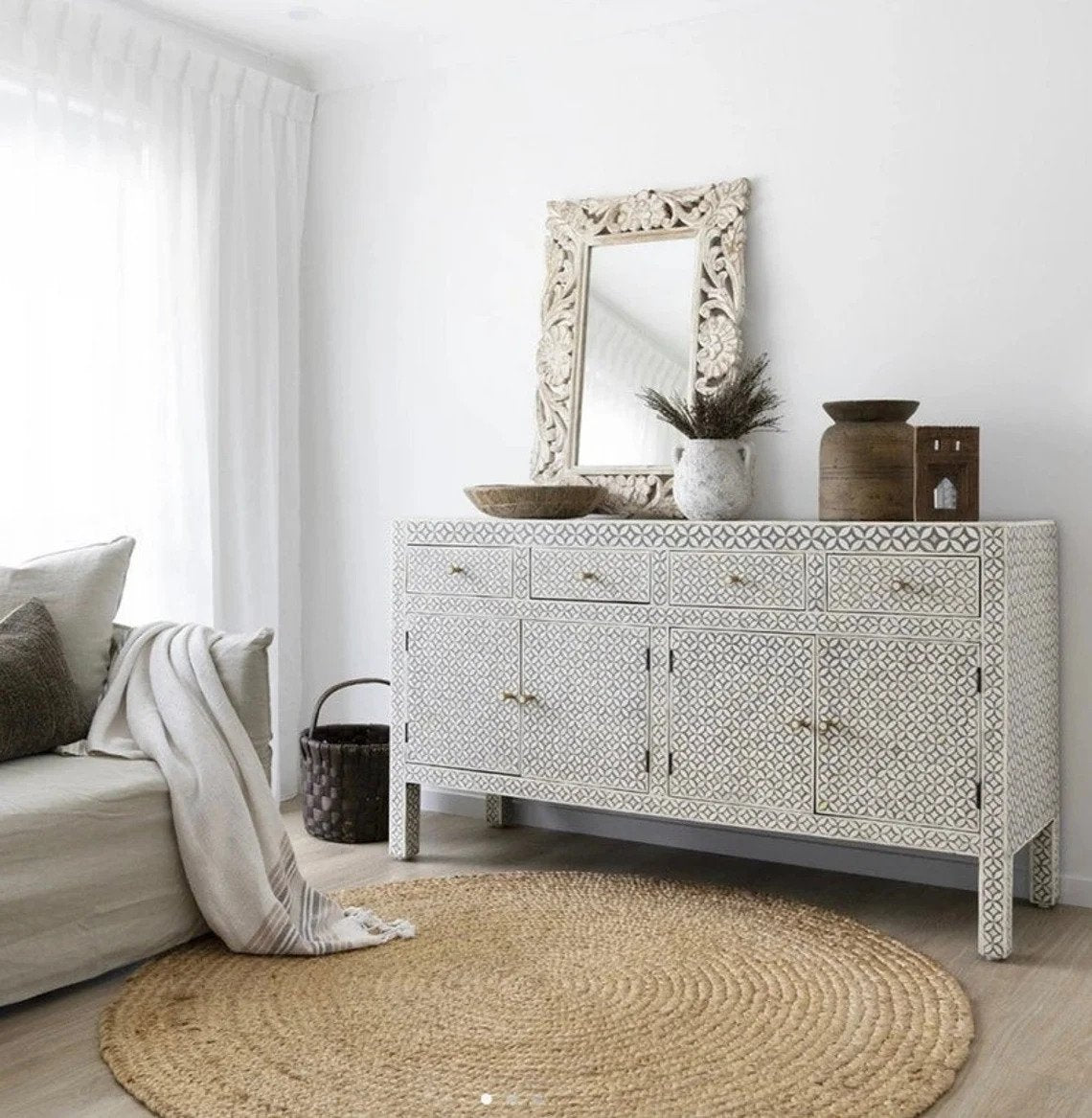 Handmade Bone Inlay Geometric Design 4-Door 4-Drawer Sideboard Buffet - Stylish Storage for Dining Room, Living Room & Entryway