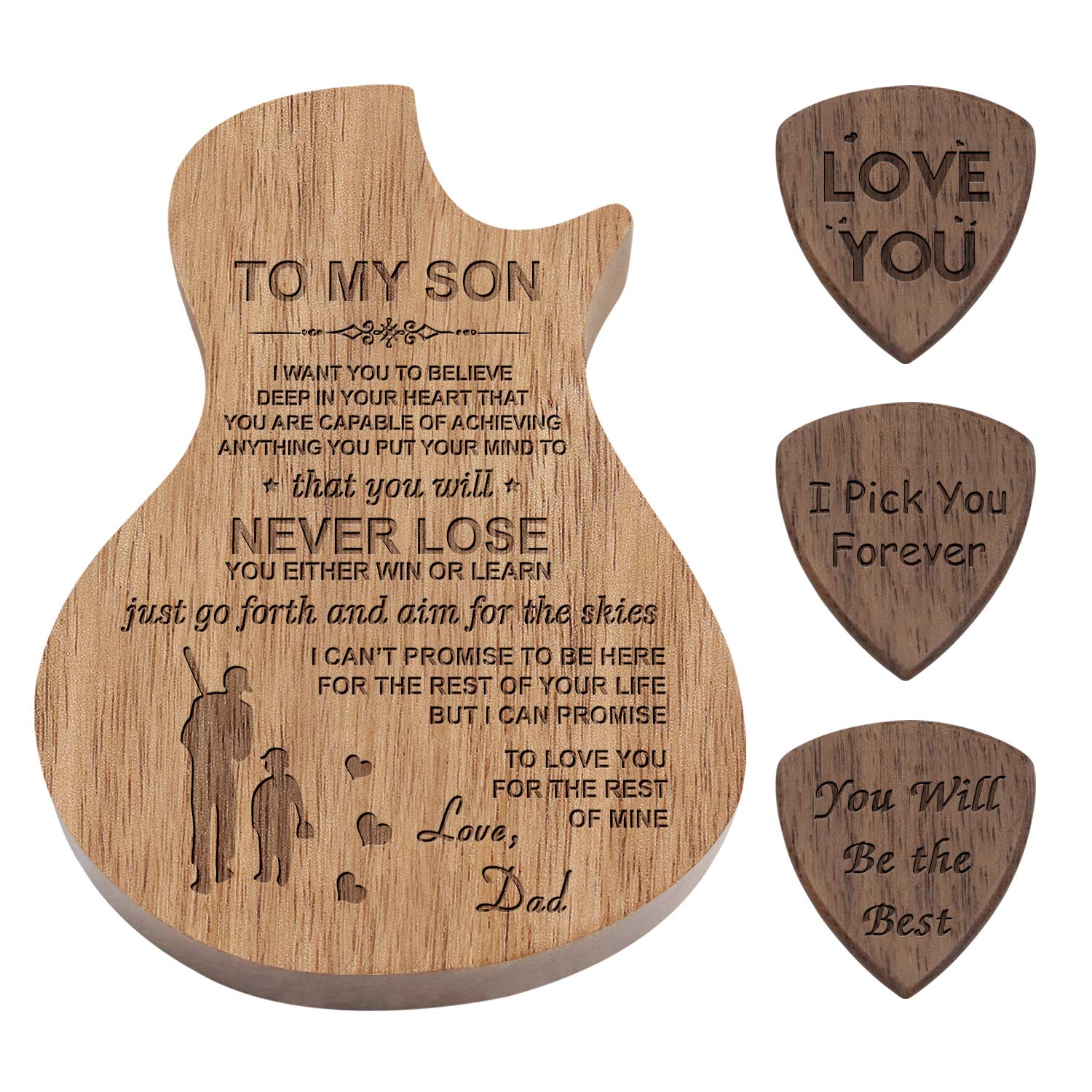 **Personalized Engraved Guitar Pick Box for Son - Wooden Guitar Shaped Plectrum Case with 3 Standard Picks - Unique Gift from Dad for Musicians, Guitarists & Music Lovers (Perfect for Birthdays, Father's Day & Special Occasions)**