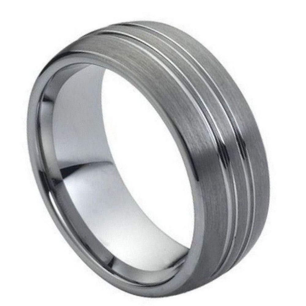8mm Brushed Tungsten Carbide Men's Wedding Band - Comfort Fit Domed Ring with Grooved Center for Anniversary, Engagement & Everyday Wear