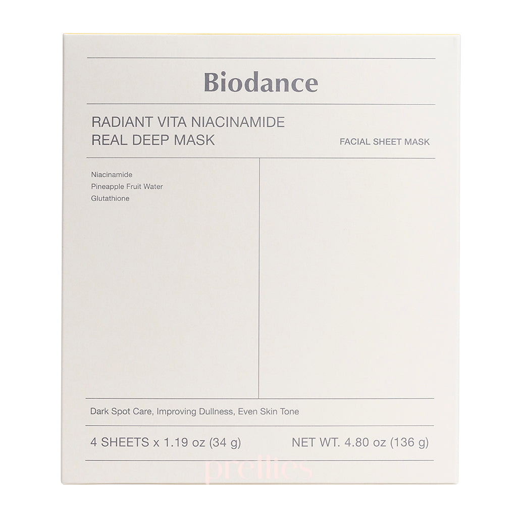 BIODANCE Radiant Vita Niacinamide Deep Hydrating Face Mask - 4 Pack - Brightening & Pore Minimizing Sheet Mask for Glowing Skin - Perfect for Night Routine & Spa Day