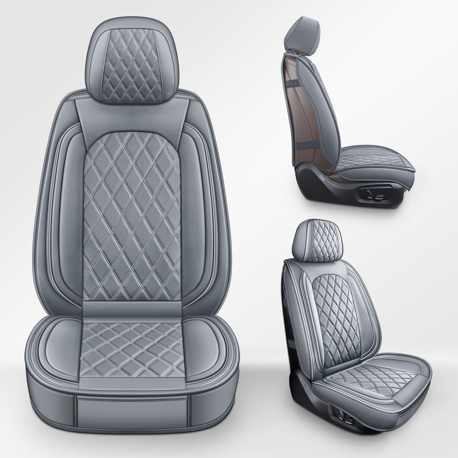 MIROZO 2PCS Waterproof Faux Leather Front Car Seat Covers - Universal Fit for Most Sedans, SUVs & Pickup Trucks (Grey) - Protect & Upgrade Your Vehicle Interior