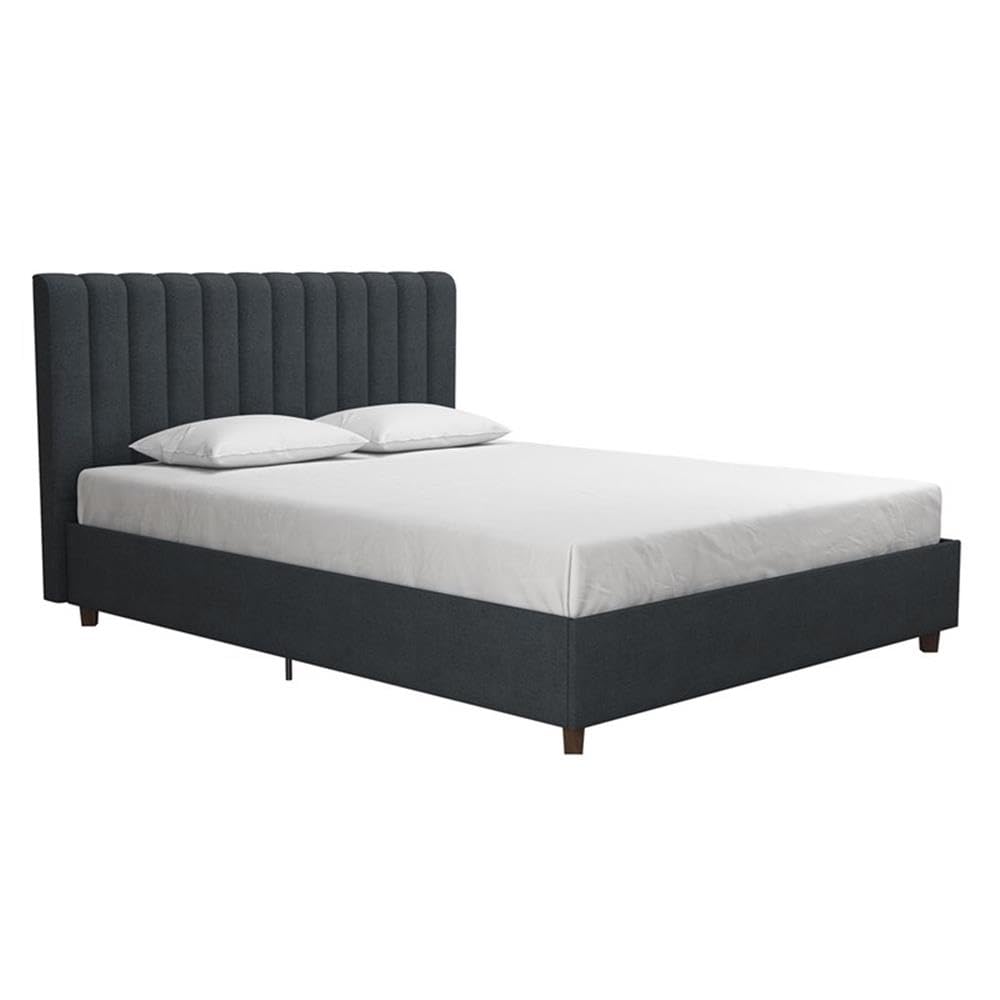 Pemberly Row Contemporary Queen Upholstered Bed - Blue Linen Fabric Upholstery, Modern Platform Bed Frame with Wooden Legs | Perfect for Master Bedroom, Guest Room & Modern Home Decor