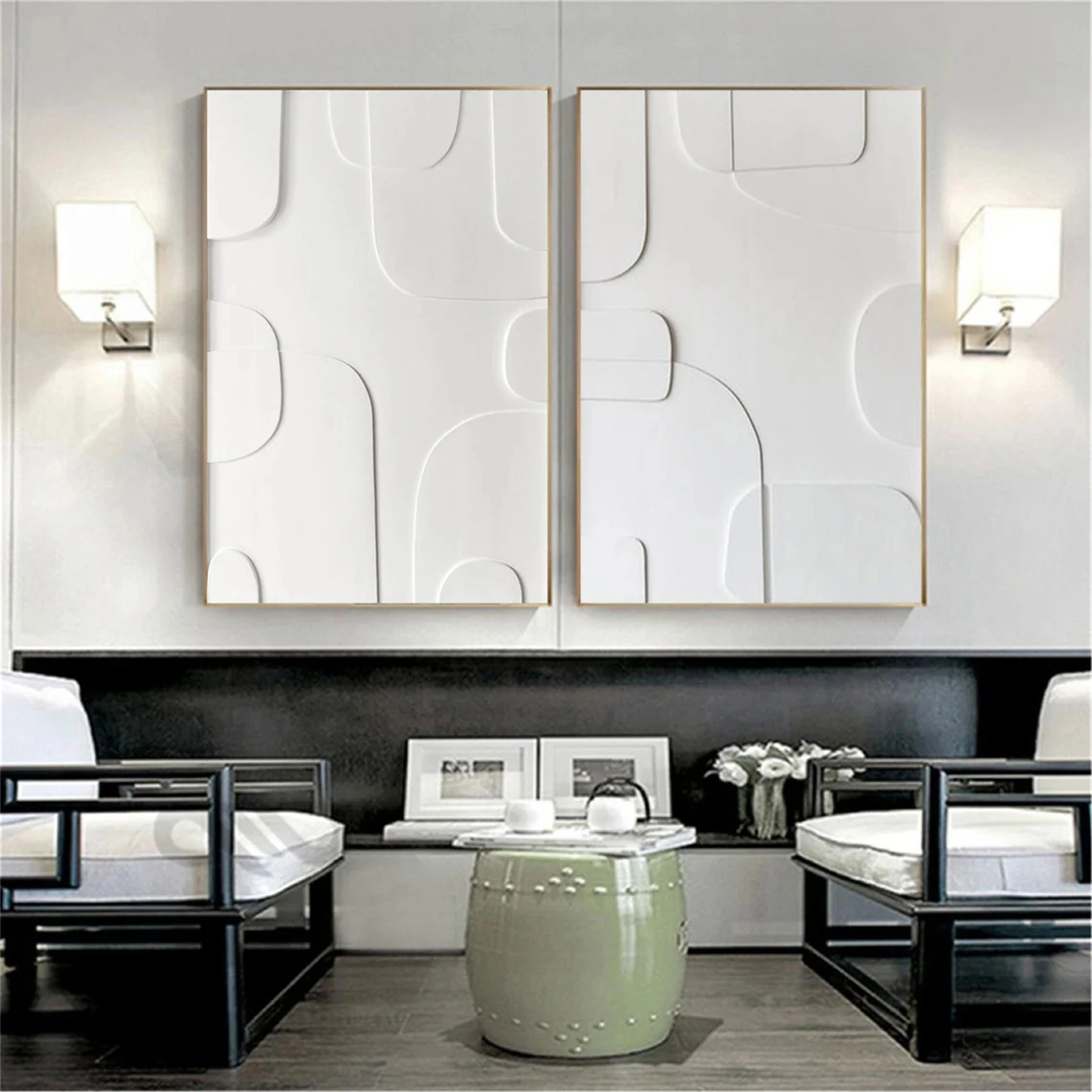 Modern White Minimalist Textured Canvas Paintings - Set of 2 Abstract Wall Art Decor #MM147 | Perfect for Living Room, Bedroom & Office Decor