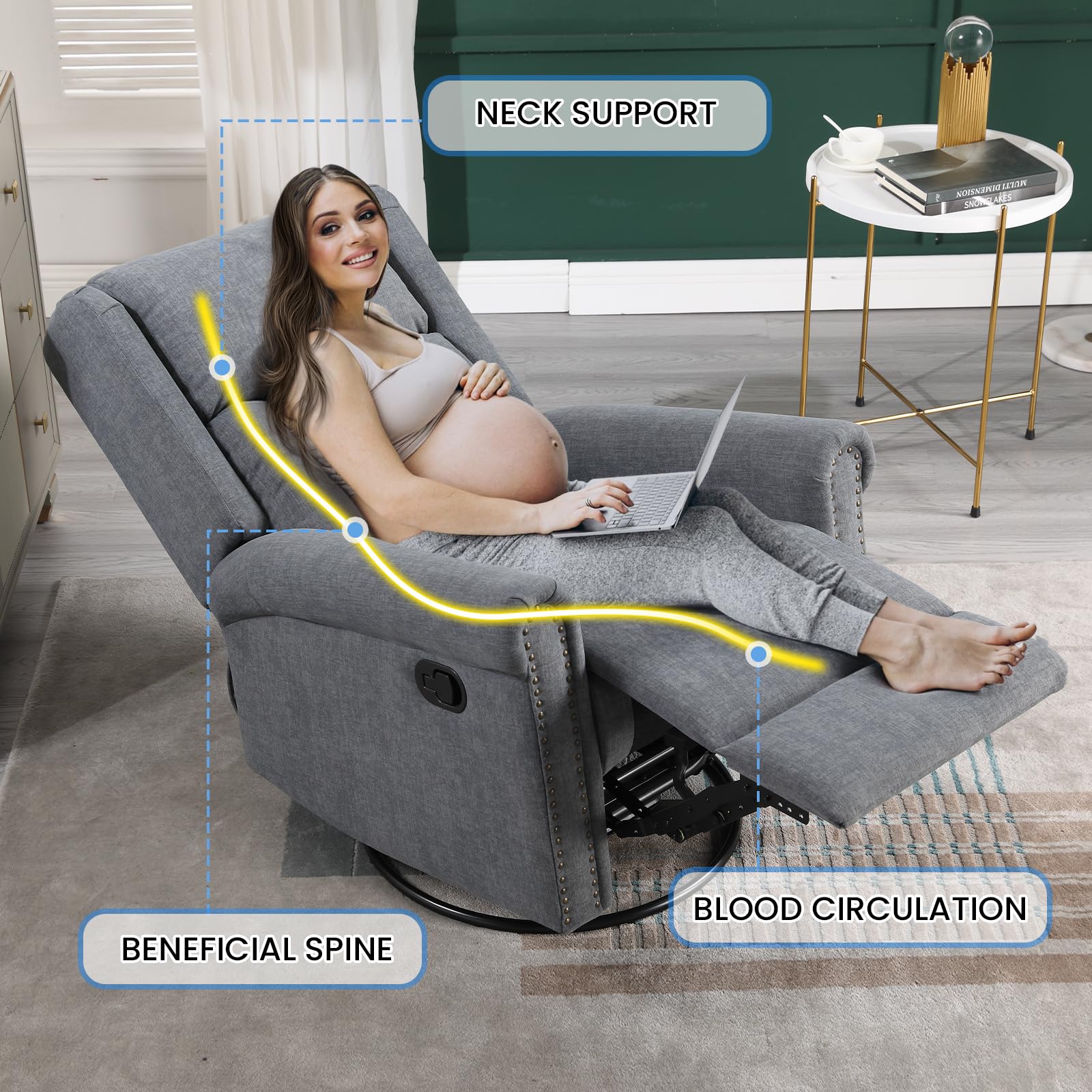 Antetek Swivel Rocking Recliner Chair - Velvet Nursery Glider with Adjustable Footrest & High Back Support, Manual Wingback Upholstered Rocking Chair for Living Room, Nursery, Bedroom - Perfect for Nursing, Reading & Relaxing (Grey)