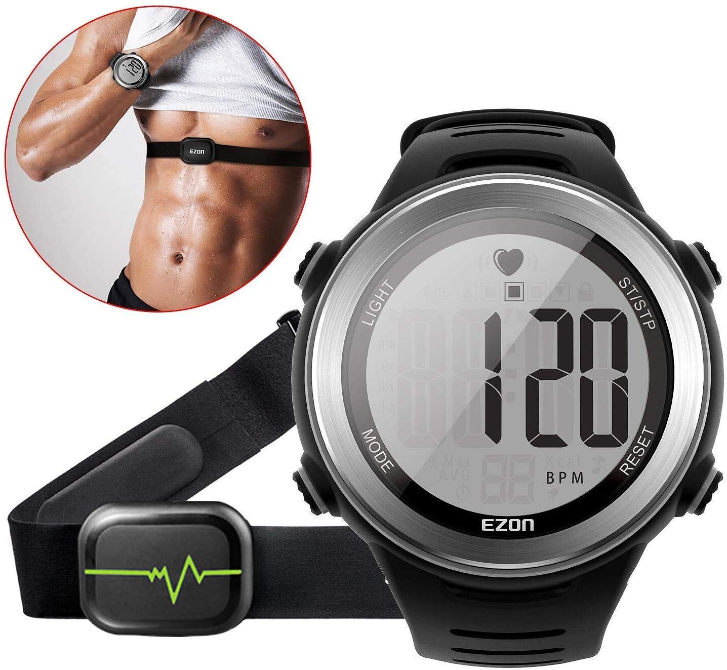 EZON Heart Rate Monitor Chest Strap - Wireless Bluetooth HRM for Running, Cycling & Workouts - Waterproof Fitness Tracker with Stopwatch & Alarms - Compatible with Smartwatches & Gym Equipment (Ideal for Cardio, HIIT & Cross Training)