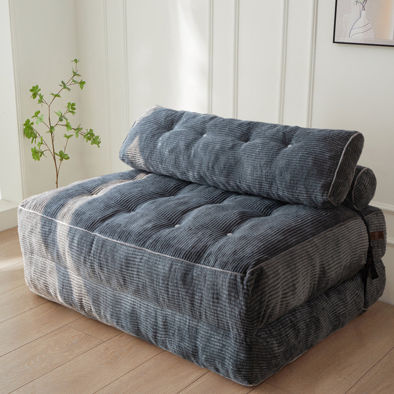 MAXYOYO Corduroy Folding Sofa Bed - Convertible Sleeper Chair with Pillow & Foldable Mattress, Back Support (Double Size, Dark Grey) for Small Spaces, Guest Rooms & Apartments