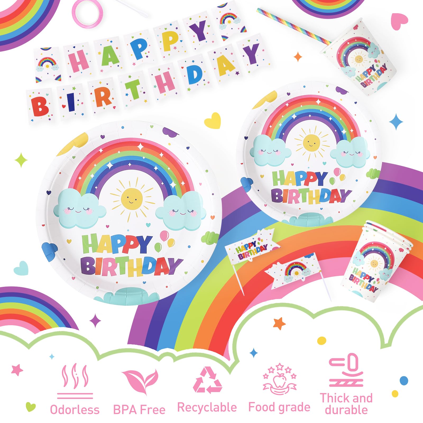 GARVEE 151-Piece Disposable Birthday Party Dinnerware Set - Rainbow Color Paper Plates, Cups & Napkins - Halloween Tableware for 25 Guests - Perfect for Birthday Celebrations, Baby Showers & Holiday Parties
